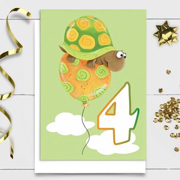 Carte d'anniversaire animaux | Carte Tortue, 4 ans 1