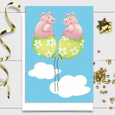 Tarjeta de cumpleaños de animales | Cerdos gemelos y globos, niños y niñas