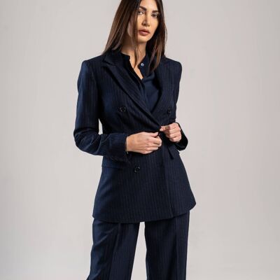 Navy blue double-breasted pinstriped suit