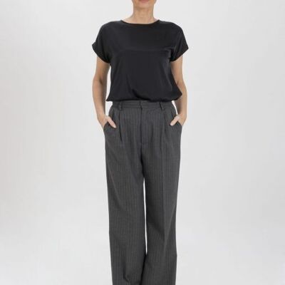 Gray and black pinstriped palazzo trousers with pleats
