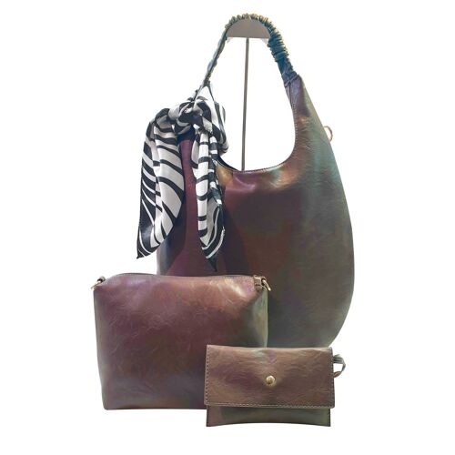 4 pieces Large Size Tote Shoulder Cross body Handbag Grab Purse Vegan Soft PU Leather Brand MoliMoi London Fashion Bag WITH SCARF – TF801 Coffee