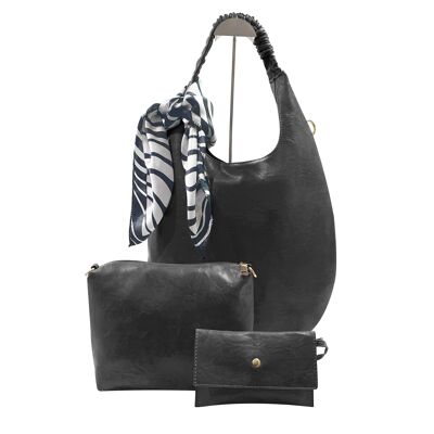4 pieces Large Size Tote Shoulder Cross body Handbag Grab Purse Vegan Soft PU Leather Brand MoliMoi London Fashion Bag WITH SCARF – TF801 BLACK