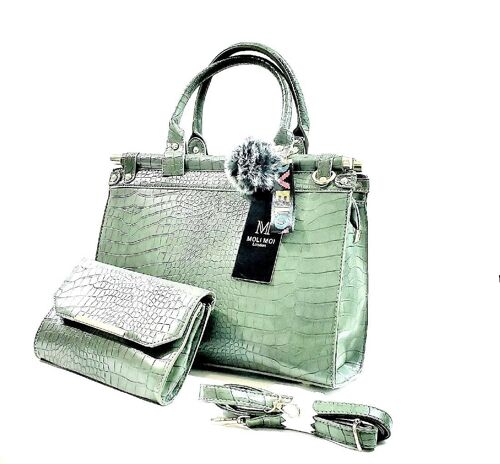 Womens 2pieces Handbag Shoulder Tote Bag Grab Purse Vegan Crossbody Leather Like PU Material Brand MoliMoi London Fashion Bag -119930 Green