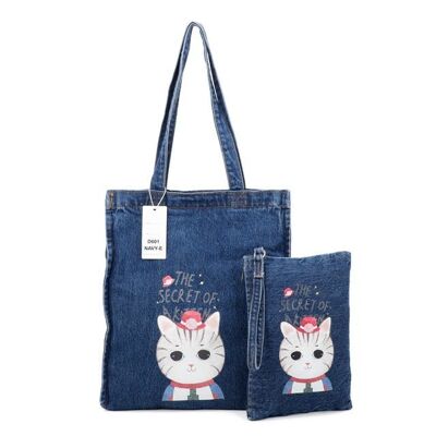 2 Pieces of Ladies Demin Tote Bag Shoulder Bag Large Capacity Two Handle Shoulder Bag for Women- D601 NAVY -E