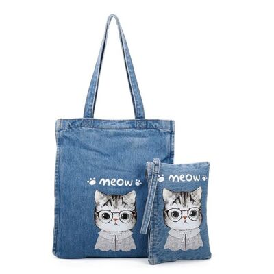 2 pezzi di borsa a tracolla da donna Demin Tote Bag Borsa a tracolla a due manici di grande capacità per donna- D601 BLUE -A