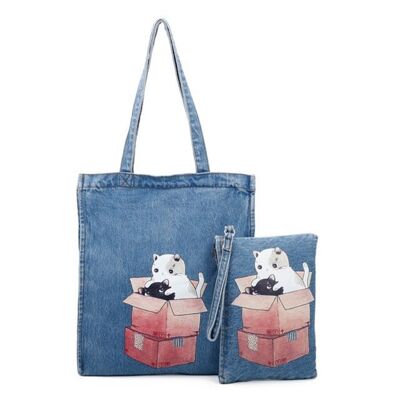 2 Pieces of Ladies Demin Tote Bag Shoulder Bag Large Capacity Two Handle Shoulder Bag for Women- D601 BLUE -B