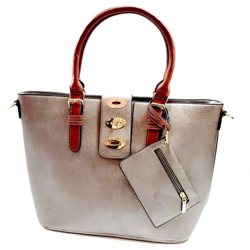 2 pieces Large Tote Shoulder Cross body Handbag Grab Purse Vegan PU Leather High Quality Bag Long Strap – 8872 Grey Silver