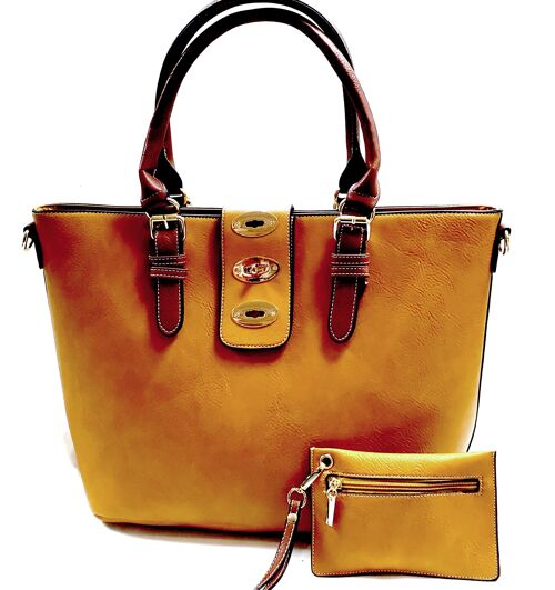 2 pieces Large Tote Shoulder Cross body Handbag Grab Purse Vegan PU Leather High Quality Bag Long Strap – 8872 Mustard Yellow