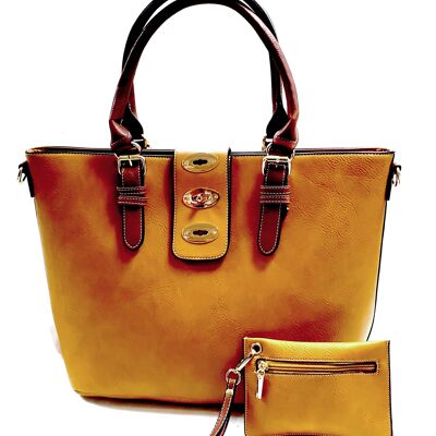 2 pieces Large Tote Shoulder Cross body Handbag Grab Purse Vegan PU Leather High Quality Bag Long Strap – 8872 Mustard Yellow