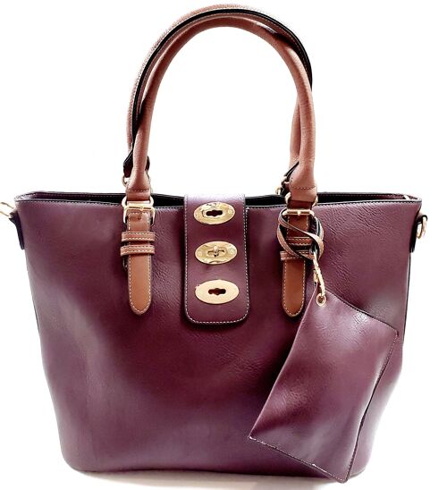 2 pieces Large Tote Shoulder Cross body Handbag Grab Purse Vegan PU Leather High Quality Bag Long Strap – 8872 wine