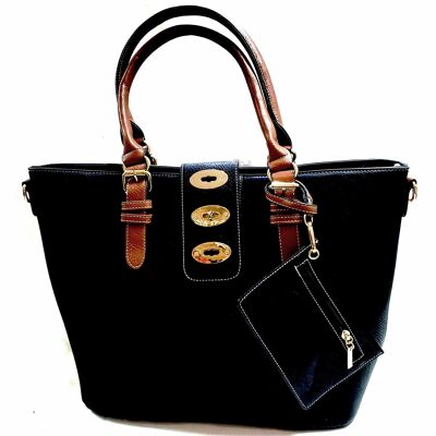 2 pieces Large Tote Shoulder Cross body Handbag Grab Purse Vegan PU Leather High Quality Bag Long Strap – 8872 black