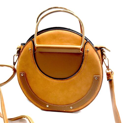 Beautifully Crafted Round Cross body Shoulder Bag Double-Handle Grab Purse Vegan PU Suede Leather Handbag -17737 brown