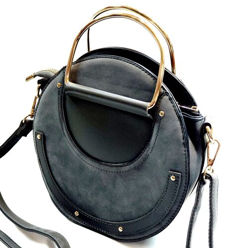 Beautifully Crafted Round Cross body Shoulder Bag Double-Handle Grab Purse Vegan PU Suede Leather Handbag -17737 grey