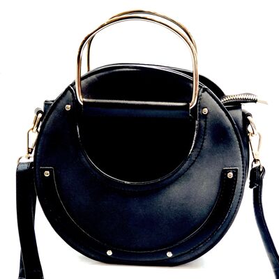 Beautifully Crafted Round Cross body Shoulder Bag Double-Handle Grab Purse Vegan PU Suede Leather Handbag -17737 black