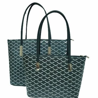 2 Pieces Twins Shopper Large Size Tote Shoulder Handbag Vegan PU Leather – 8809 green