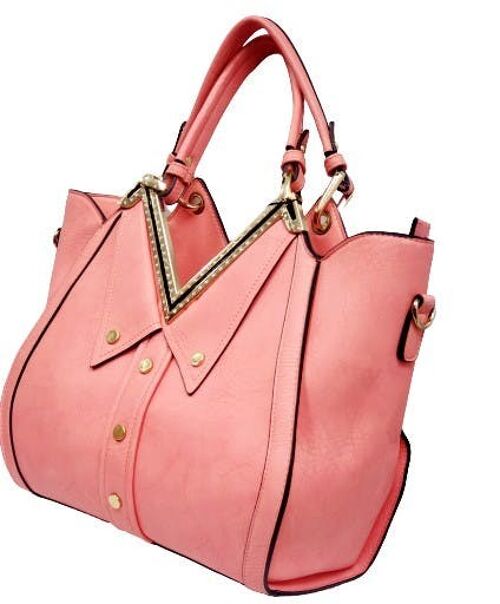 Unique V neck Collar Shaped Ladys Tote Shoulder Bag Quality PU Leather Handbag Long Strap -E8213 Peach