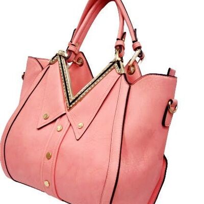 Unique V neck Collar Shaped Ladys Tote Shoulder Bag Quality PU Leather Handbag Long Strap -E8213 Peach