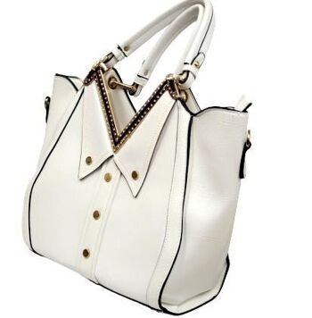 Sac à bandoulière fourre-tout unique en forme de col en V pour femme Sac à main en cuir PU de qualité à bandoulière longue -E8213 Blanc