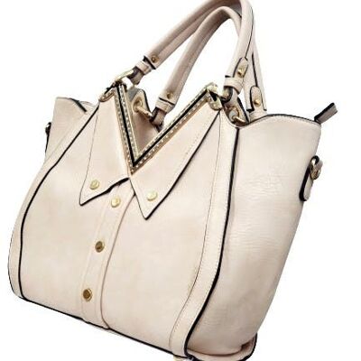 Unique V neck Collar Shaped Ladys Tote Shoulder Bag Quality PU Leather Handbag Long Strap -E8213 Beige