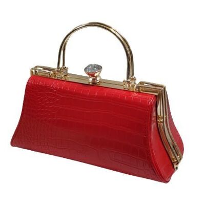 2 Tones 2 Faced Clutch Grab Bag Shoulder Handbag Crocodile Skin Pattern Vegan PU Prom Wedding Party Bag High Quality Long Chain — Y301 Red