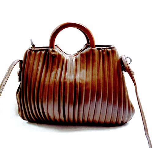 Stylish Cross-body Handbag Shoulder Bag Vegan PU Leather Wooden Handle Long Strap – F41 coffee