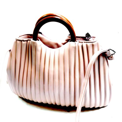 Stylish Cross-body Handbag Shoulder Bag Vegan PU Leather Wooden Handle Long Strap – F41 pink