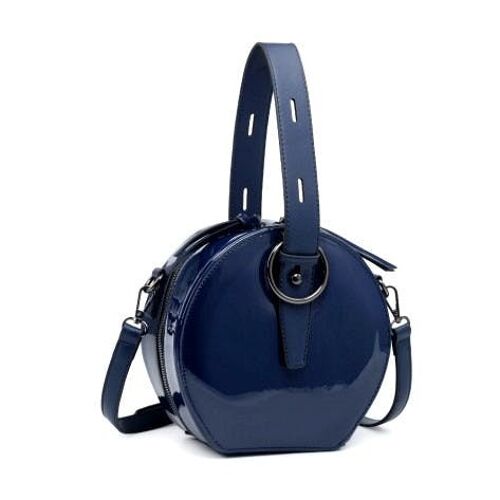 Women’s Glossy Faux Patent Leather Round Shoulder Handbag Wedding Evening Party Satchel -MC1091 navy blue