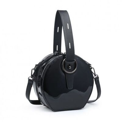 Women’s Glossy Faux Patent Leather Round Shoulder Handbag Wedding Evening Party Satchel -MC1091 black