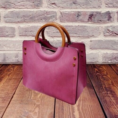 3 Compartments Handbag Wooden Handles Tote Stylish Shoulder Cross body Bag Vegan PU Suede Leather -969-1 Fuchsia Pink