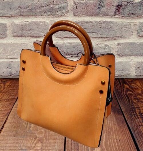 3 Compartments Handbag Wooden Handles Tote Stylish Shoulder Cross body Bag Vegan PU Suede Leather -969-1 Orange