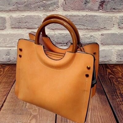 3 Fächer Handtasche Holzgriffe Tote Stilvolle Schulter Umhängetasche Vegan PU Wildleder -969-1 Orange