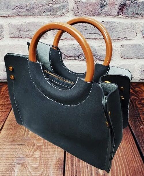 3 Compartments Handbag Wooden Handles Tote Stylish Shoulder Cross body Bag Vegan PU Suede Leather -969-1 black