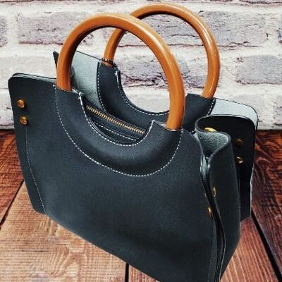 3 Compartments Handbag Wooden Handles Tote Stylish Shoulder Cross body Bag Vegan PU Suede Leather -969-1 black