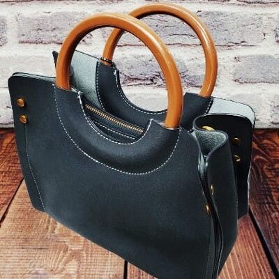 3 Fächer Handtasche Holzgriffe Tote Stilvolle Schulter Umhängetasche Vegan PU Wildleder -969-1 schwarz