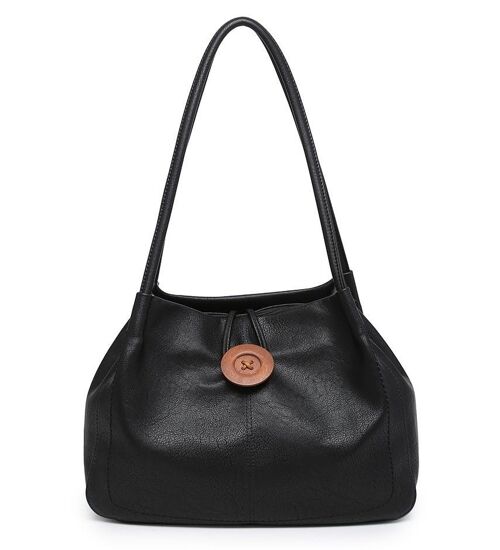 Women Extendable Tote Bag Wooden Button Shoulder Handbag Fashion Shopper with Long Strap - Z-10040m black
