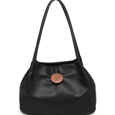 Damen erweiterbare Einkaufstasche Holzknopf Schulter Handtasche Fashion Shopper mit langem Riemen - Z-10040m schwarz