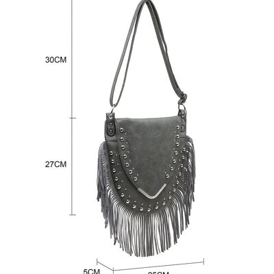 Hobo bag with Fringe detail,  Boho Gypsy crossbody bag , Vintage look shoulder Bag, Fashion Tassel bag, studded bag --Z-9313-1m black