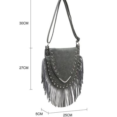 Hobo bag with Fringe detail,  Boho Gypsy crossbody bag , Vintage look shoulder Bag, Fashion Tassel bag, studded bag --Z-9313-1m black