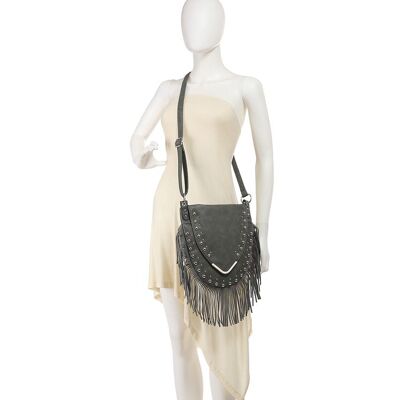 Hobo bag with Fringe detail,  Boho Gypsy crossbody bag , Vintage look shoulder Bag, Fashion Tassel bag, studded bag --Z-9313-1m brown