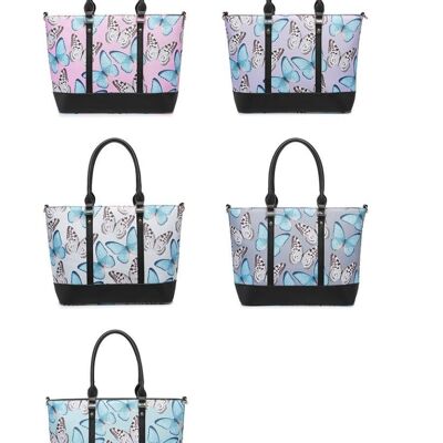 Damen Große Einkaufstasche Schmetterlingsmuster Schulter Handtasche Fashion Shopper mit langem Riemen - Z-9934 SCHMETTERLING grau