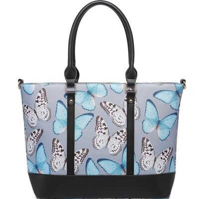 Women Large Tote Bag Butterfly Pattern Shoulder Handbag Fashion Shopper with Long Strap - Z-9934m BUTTERFLY blue