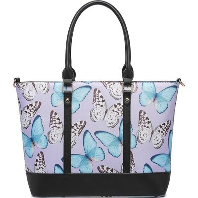 Damen Große Tragetasche Schmetterlingsmuster Schulter Handtasche Fashion Shopper mit langem Riemen - Z-9934 BUTTERFLY lila