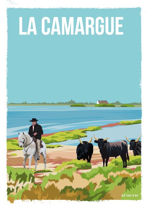 Camargue Gardian et taureaux 30x40