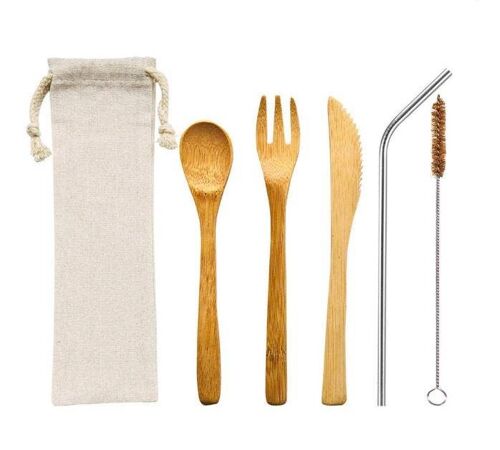 Bamboo Cutlery & Stainless Steel Straw Set