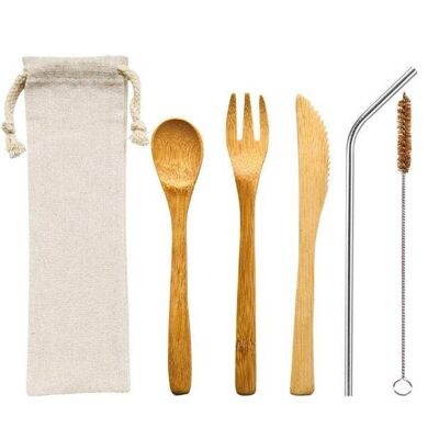 Bamboo Cutlery & Stainless Steel Straw Set