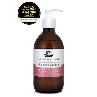 Jabón líquido para manos y cuerpo orgánico, sin aceite de palma - The Rose Garden (rosa almizclera y flores blancas) - Con dosificador