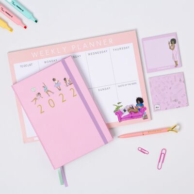 2022 Affirmations Diary with Weekly Planner & Post it Notes - Pastel Pink (With Pink Weekly Planner & Pink Post it Notes)