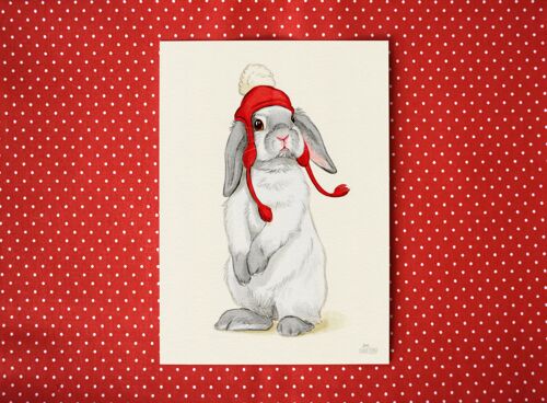 Postkarte "Kaninchen mit roter Mütze"