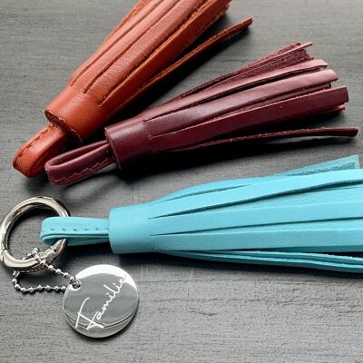 FAMILY, mantra charm with leather tassel and carabiner