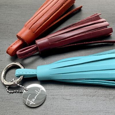 FAMILY, mantra charm with leather tassel and carabiner